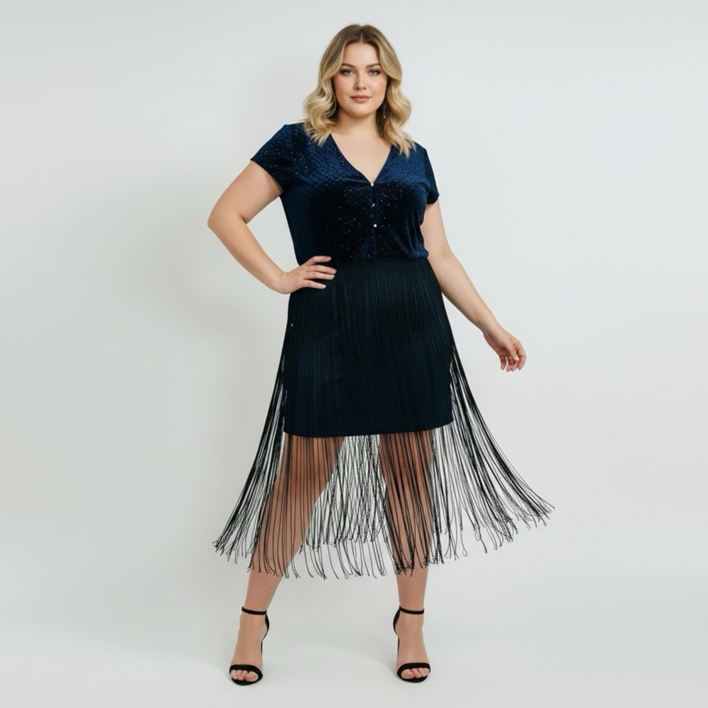 Zara Dark Blue Quilted Galaxy Dress Long Fringe Skirt Starry Blouse size‎ Medium